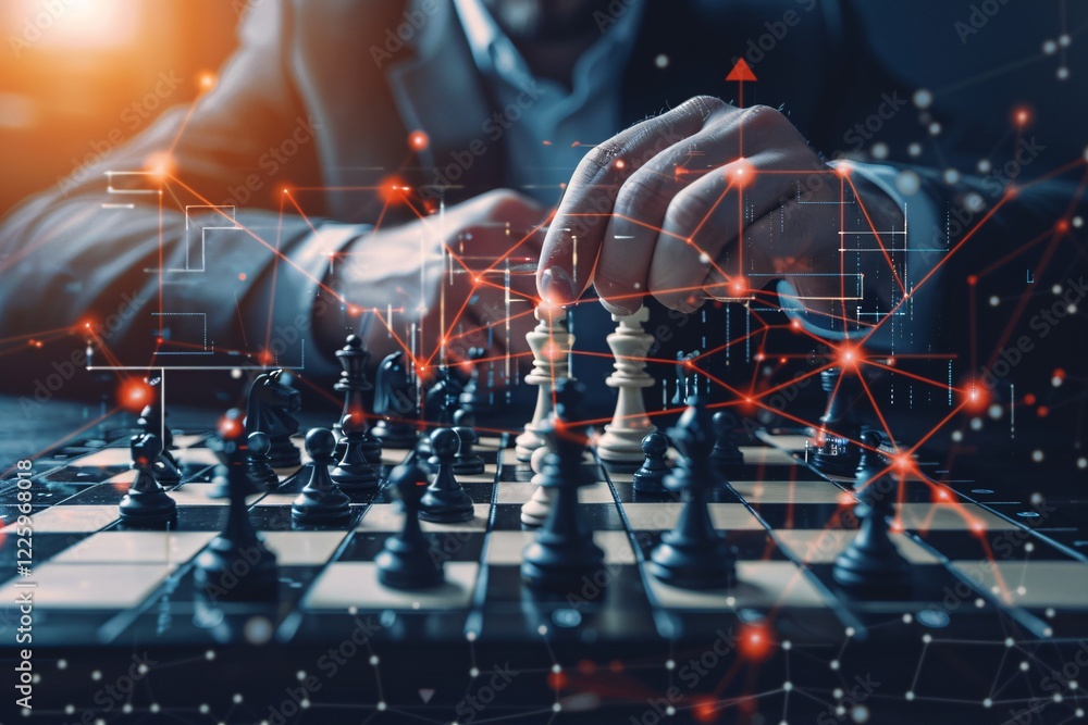 Aufkleber businessman moving king chess piece on chessboard with digital network technology effect