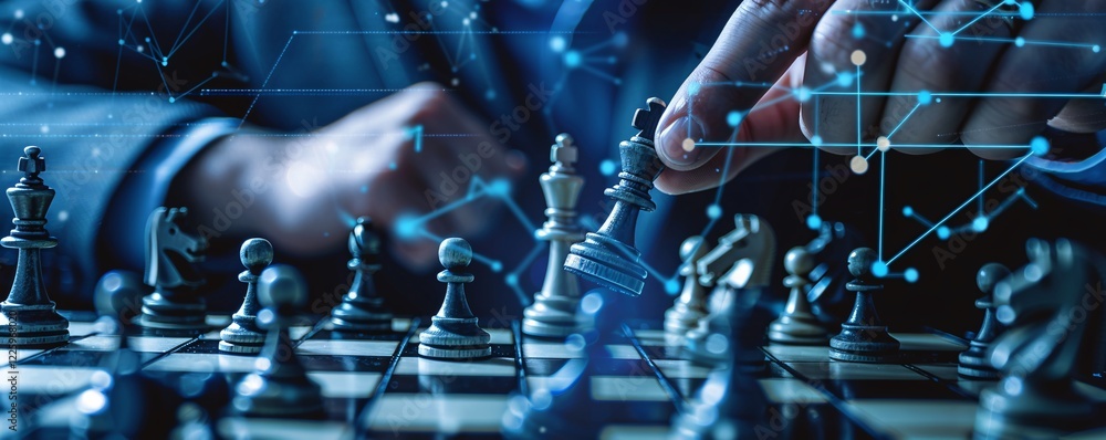 Aufkleber businessman playing chess using strategy for business concept with a network technology effect