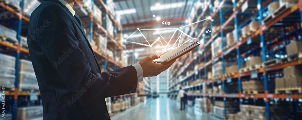 Poster Manager using digital tablet to analyze inventory and supply chain management system concept