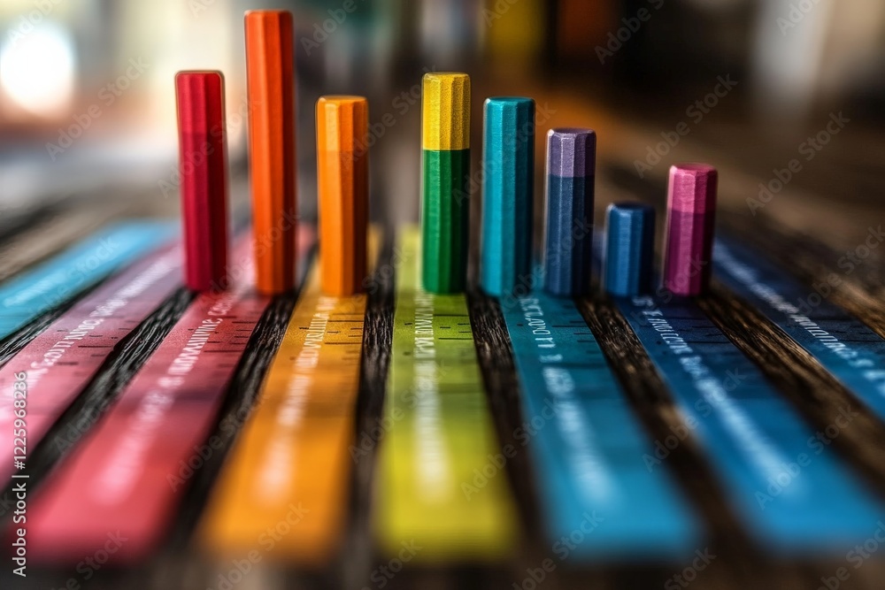 Poster Colorful stacked bars representing data analysis in a creative workspace with natural light
