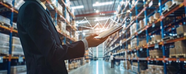 Manager using digital tablet to analyze inventory and supply chain management system concept
