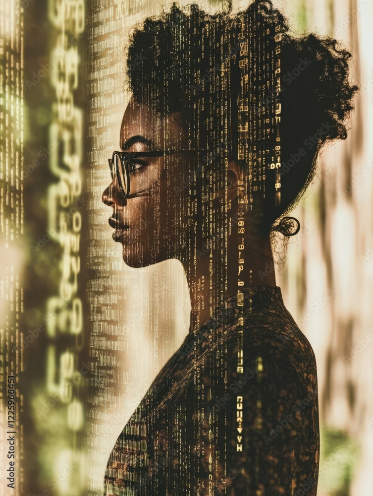 Aufkleber profile of a woman with glasses against a digital background of binary code