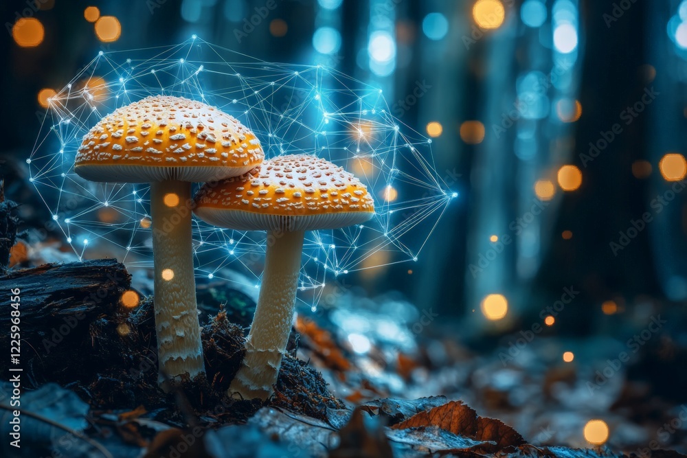 Poster mushrooms growing in a mystical forest illuminated by soft lights