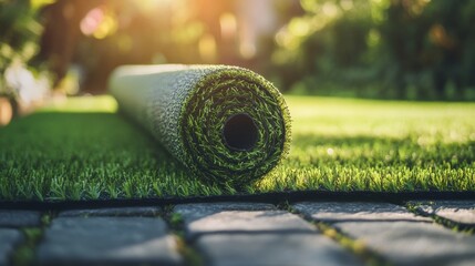 rolled green artificial grass in a backyard