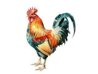 Beautifully Colored Rooster Standing Proudly in a Farmyard Setting During the Early Morning Light - Vintage Illustration, Isolated on White Transparent Background, PNG