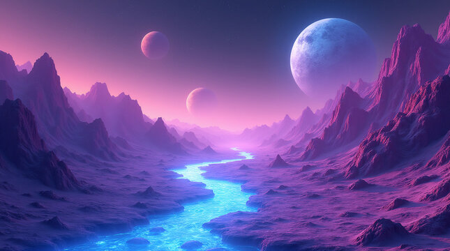 Fantasy planet landscape with mountains and alps in shades of purple and pink with neon light blue water river and several moons