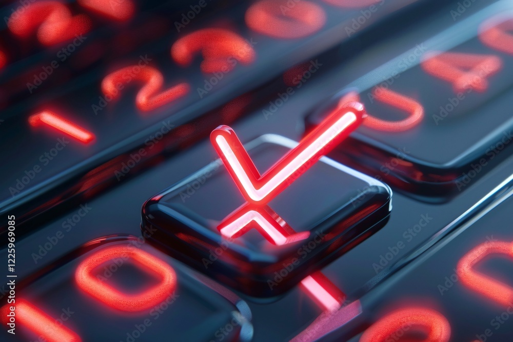 Aufkleber bright red neon check mark glows on a dark keyboard