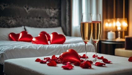 Bedroom decorated with red heart-shaped balloons, rose petals, and champagne glasses. Romantic and intimate atmosphere for special occasions