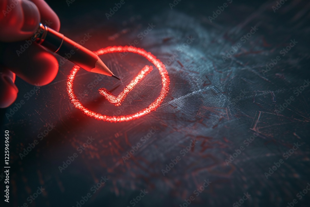 Poster Businessman is sketching a red check mark on a dark backdrop using a pencil