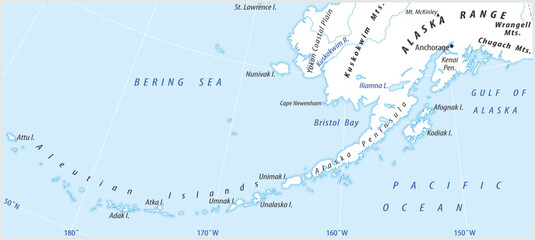 Vector political world map. North American continent with 
alaska (usa) - aleutian islands, alaska peninsula,
gulf of alaska. Pacific ocean,
bering sea, kenai peninsula, bristol bay,
anchorage.