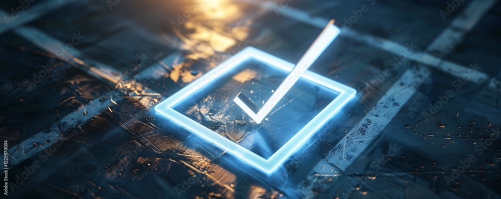 Poster Glowing neon check mark is hovering over a dark textured surface