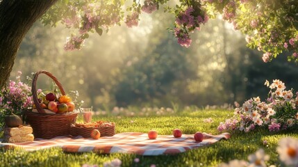 A basket of fruit and a blanket on a grassy field with a tree in the background. Scene is peaceful and relaxing