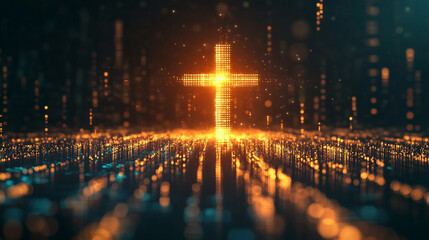 Obraz premium Bright glowing golden cross made of digital light and binary patterns on a futuristic illuminated background, symbolizing technology, faith, and spiritual innovation