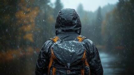 Fototapeta premium Solitary Hiker in the Rain: A Journey Through Autumnal Woods