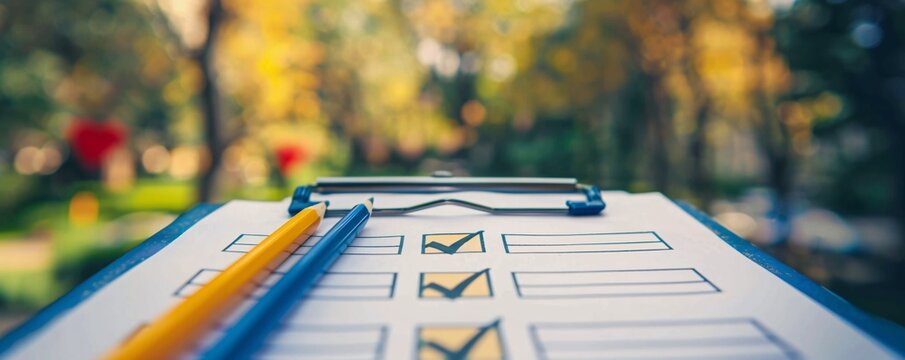 Completed assessment, survey, or to-do list displayed on clipboard on a bright and sunny day