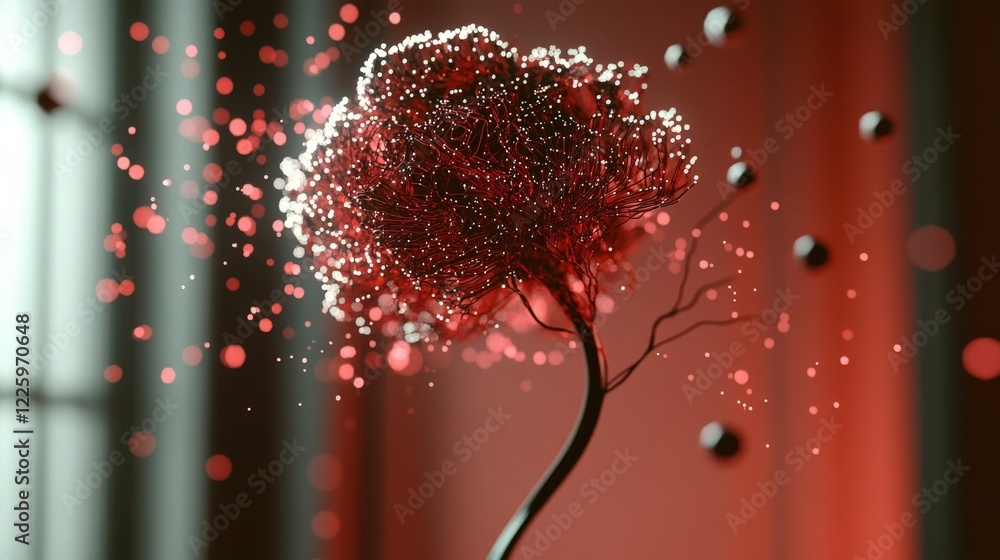Poster abstract representation of a tree with glowing particles in red tones