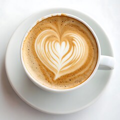 Top view of white cup of art latte coffee with heart shape isolated
