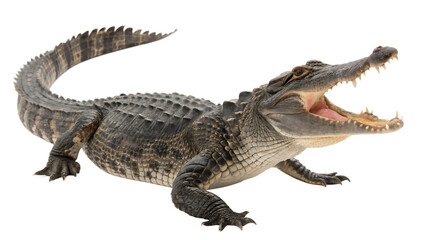 Naklejka premium Aggressive American Alligator with Open Mouth isolated on white background as transparent. PNG.AI GENERATED
