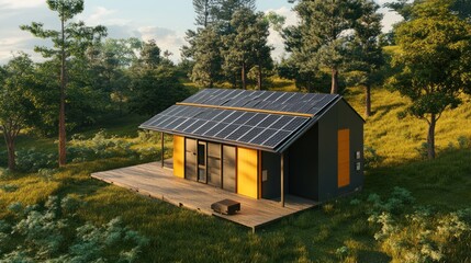 Modern Prefab Cabin With Solar Panels Nestled Among Trees in a Serene Environment