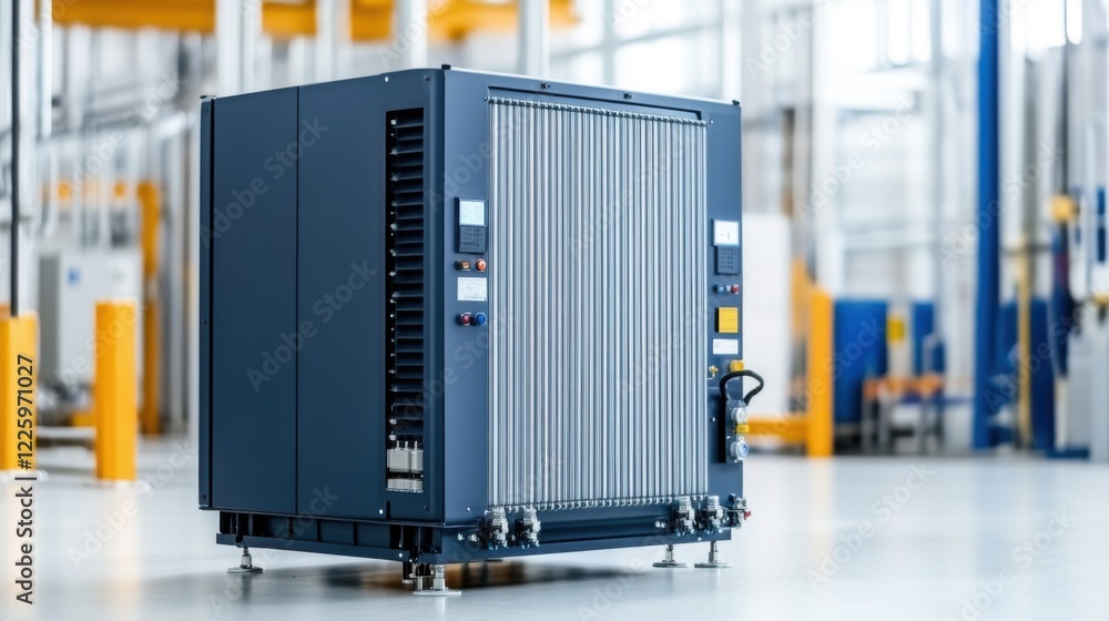 Poster industrial chiller unit with control panel in modern factory layout for efficient cooling systems
