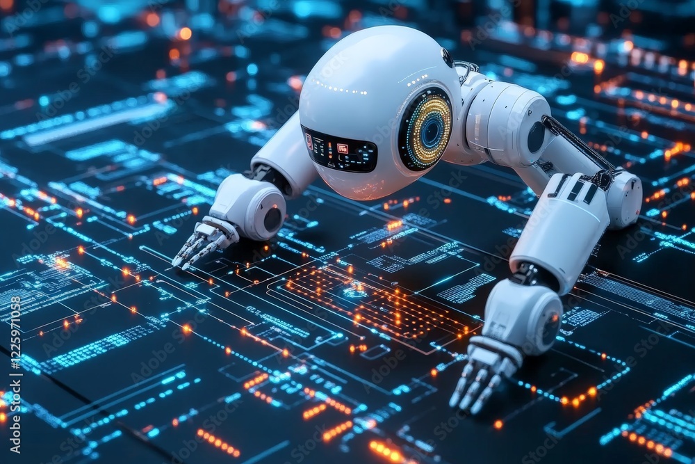 Poster Robot interacts with digital interface in futuristic technology environment at night