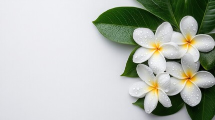Fototapeta premium Fresh White Flowers on Green Leaves with Water Droplets Isolated on a Light Background for Nature Themes