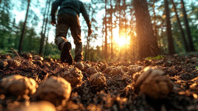 Man hiking sunset forest path, walnuts ground. Nature walk photography for travel blogs