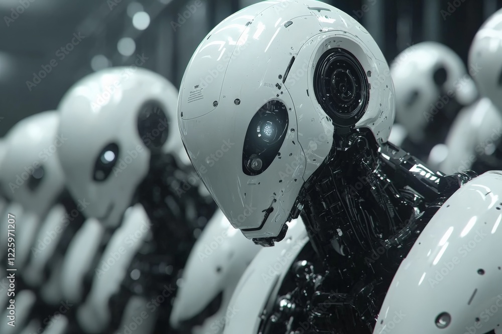Fototapete robotic figures lined up in a futuristic assembly hall during an advanced technology showcase in the