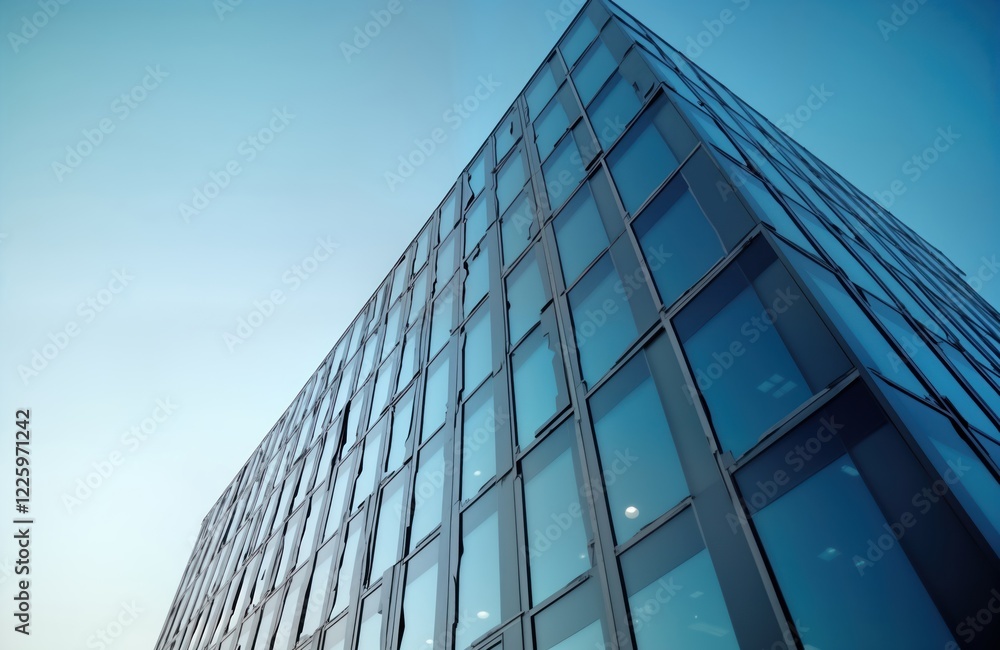 Poster modern glass office building exterior against clear sky. glass facade with many rectangular windows.