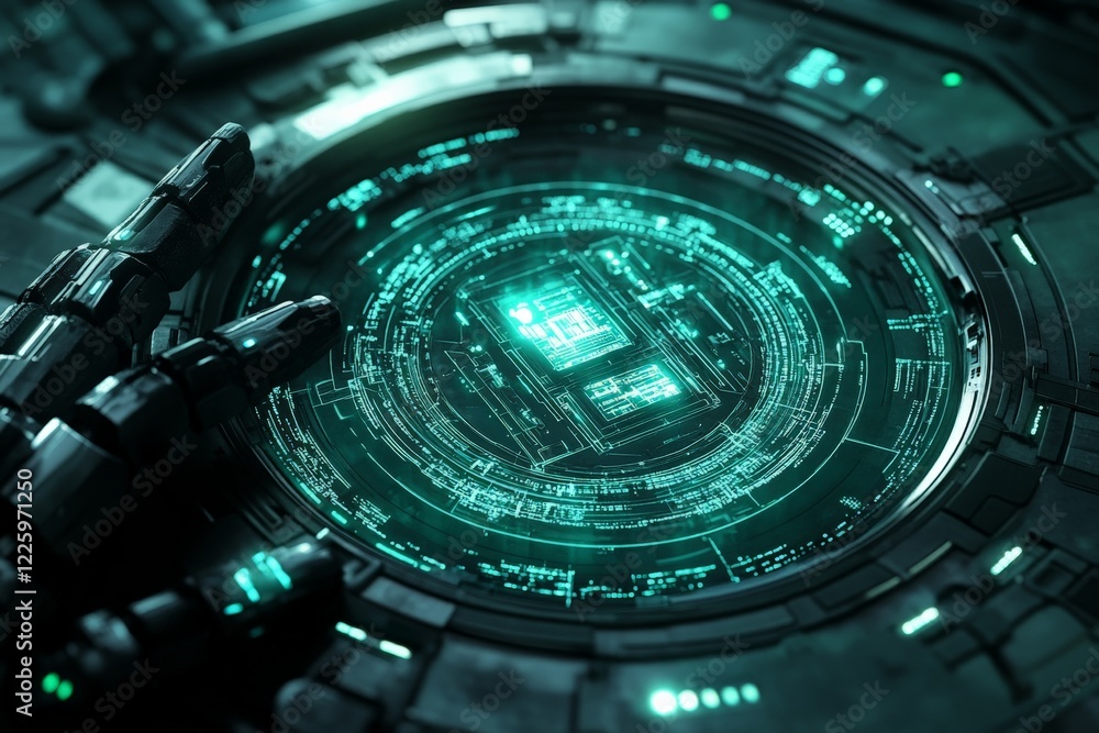 Aufkleber futuristic technology interface with glowing circuits and robotic hand interacting at night