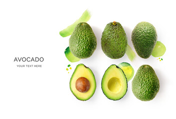 Creative layout made of avocado and watercolor spots on the background. Flat lay. Food concept. Lemon on white background.