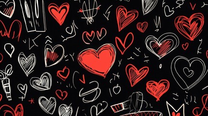 Hand-Drawn Hearts on Black Background - Romantic Doodle Pattern
