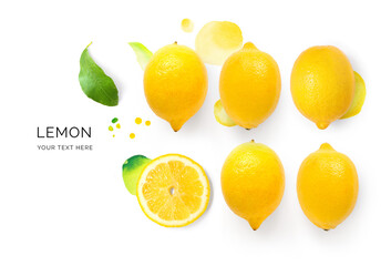 Creative layout made of lemon and watercolor spots on the background. Flat lay. Food concept. Lemon on white background.