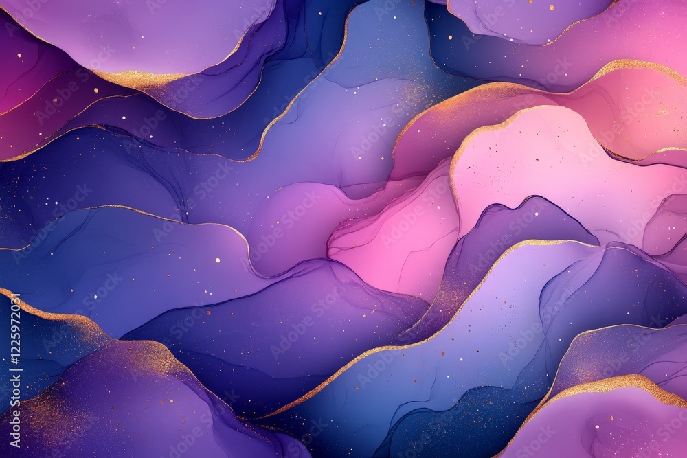 Poster colorful abstract waves with gold accents create a dreamy atmosphere in a gradient of purple and pin