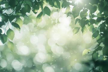 Obraz premium Lush green leaves framing a serene bokeh background with soft light filtering through, evoking tranquility