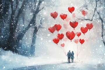 Obraz premium Couple with heart balloons in snowy winter scene.