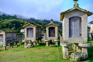 old granaries in Lindoso called espigueiros. Ponte da barca, peneda geres national park. North...