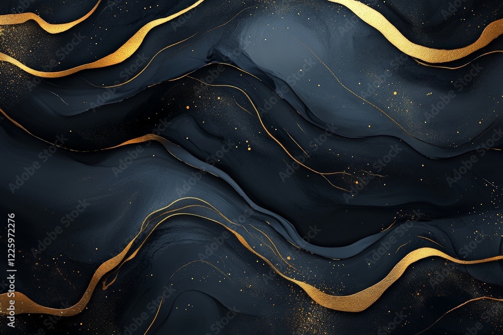 Poster elegant black and gold abstract design with flowing curves and shimmering accents