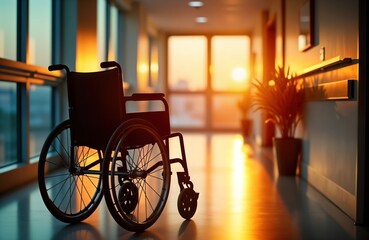 Empty wheelchair in hospital hallway at sunset. Warm golden light fills corridor. Peaceful scene suggests contemplation transition. Hospital interior setting. Golden hour light casts soft glow over