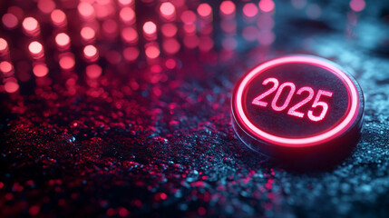 Modern circular simple glow button with glowing numbers 2025 emitting a sparkling glow symbolizing new beginnings celebration innovation in a festive ambiance with minimalistic bright tone and blank s