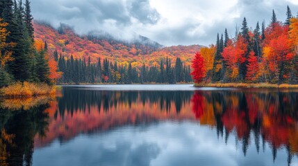 Obraz premium Autumnal lake reflecting vibrant fall foliage hillside