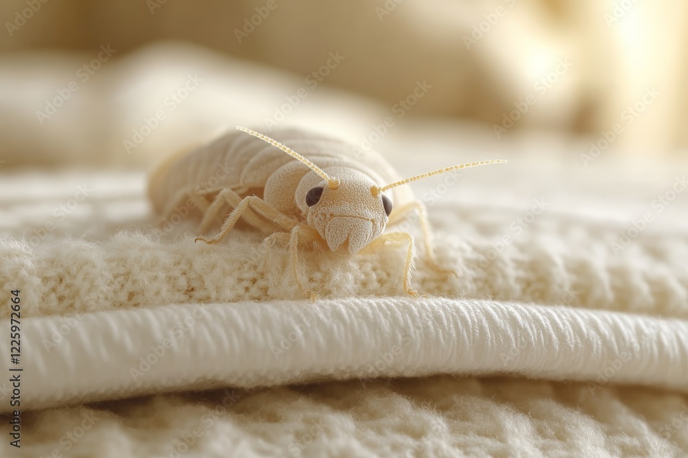 Poster unique white insect resting on a textured fabric surface in a softly lit indoor environment