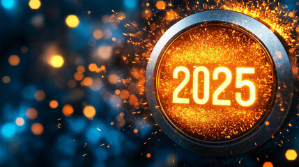 Modern circular simple glow button with glowing numbers 2025 emitting a sparkling glow symbolizing new beginnings celebration innovation in a festive ambiance with minimalistic bright tone and blank s
