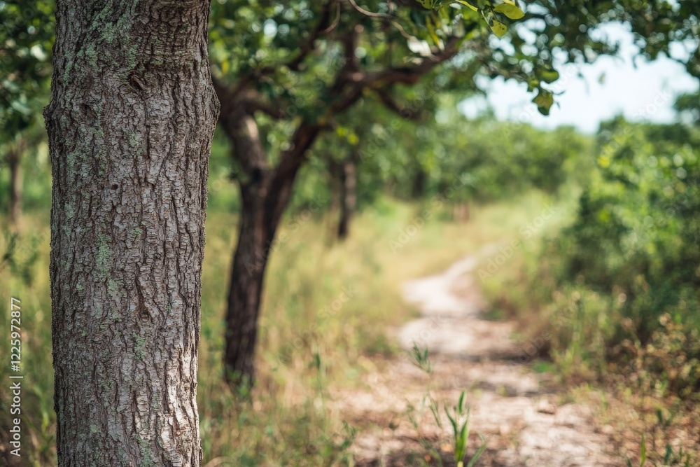 Poster beautiful pathway through a green forest with trees in summer sunlight and soft focus on the ground