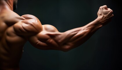 Muscular male arm flexed with powerful veins showing. Bodybuilder showcasing strength and fitness. Strong arm muscles highlighted against dark background. Focus on athletic physique and health.