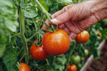 Hand-picking red tomatoes: a gardener’s dedicated approach.