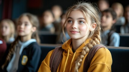 Fototapeta premium A Young Girl's Thoughtful Gaze in a Classroom Setting
