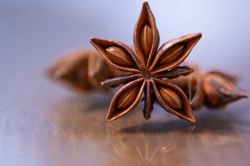 Star anise on a reflective surface