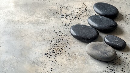 Smooth dark stones arranged on a light textured surface