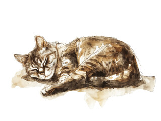 Naklejka premium Sleepy Cat Curled up in Peaceful Rest on a Soft Surface During a Quiet Afternoon - Vintage Illustration, Isolated on White Transparent Background, PNG